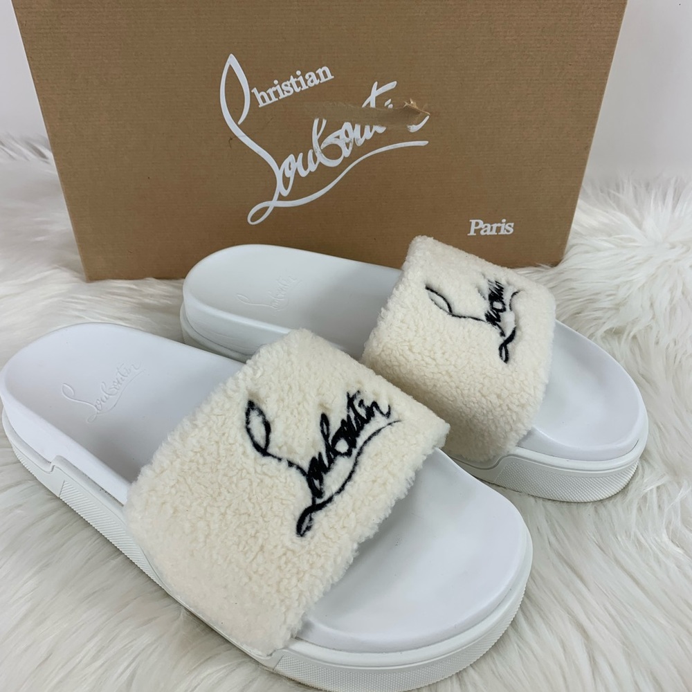 Christian Louboutin White & Navy Pool Donna Faux Fur Shearling Fuzzy Pool Slides
